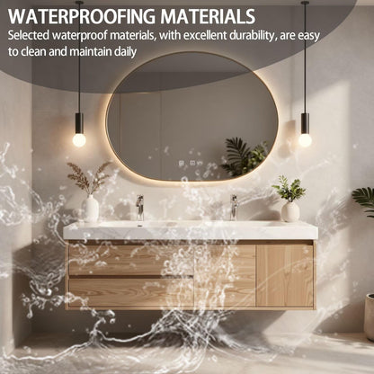 60”-84”Double Sink Floating Bathroom Vanity with Round LED Mirror, Light Oak Wood Cabinet