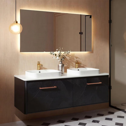 60”-96”Floating Black Bathroom Vanity with Double Sinks, Marble Top & LED Mirror