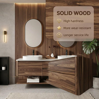 60"-96"Modern Wood Wall-Mounted Bathroom Vanity Set with Open Shelf & MirrorsModern Wood Wall-Mounted Bathroom Vanity Set with Open Shelf & Mirrors