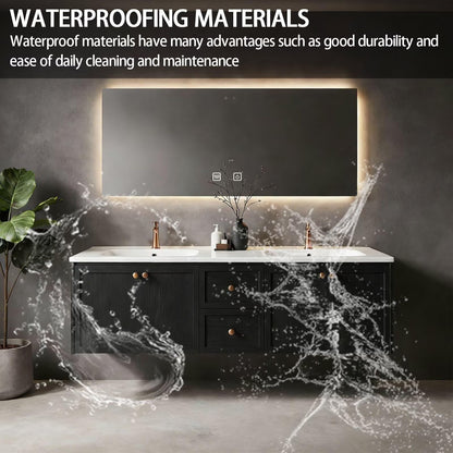 60”-84”Double Sink Floating Bathroom Vanity with LED Mirror, Black Cabinet & Gold Hardware