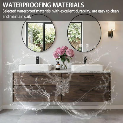60”-84”Double Sink Floating Bathroom Vanity with Black Round Mirrors, Dark Wood Cabinet & Marble Top
