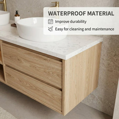 60"-84"Light Oak Floating Bathroom Vanity Set with Oval Gold Mirrors & Open Storage