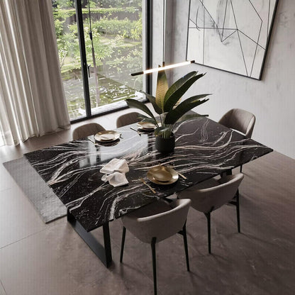 60"-80"Black Marble Dining Table with Black Metal Base, Modern Rectangular Kitchen Table