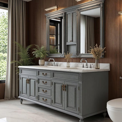 60”-112” Gray Traditional Bathroom Vanity with Double Sinks & Marble Top