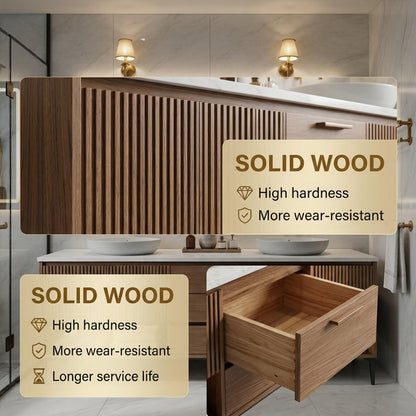 60"-96"Wood Fluted Bathroom Vanity with Double Vessel Sinks & LED Lighted Mirror