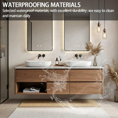 60"-84"Modern Floating Walnut Bathroom Vanity with Stone Top & Open Shelf