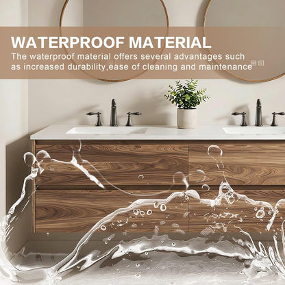 60”-84”Walnut Wood Floating Bathroom Vanity with Double Sink, Modern Wall-Mounted Vanity with LED Backlit Round Mirrors & White Stone Top