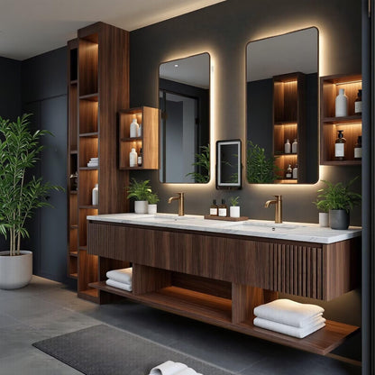 60”-96” Modern Walnut Floating Bathroom Vanity with Double sinks, Fluted Panels & LED Lighted Medicine Cabinets