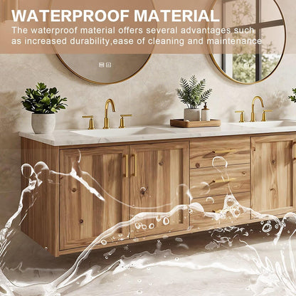 60”-84” Floating Double Bathroom Vanity with White Marble Top, Acacia Wood Wall-Mounted Vanity with Gold Hardware & 2 Round Mirrors