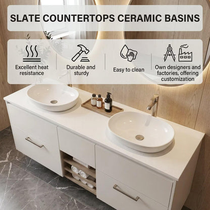60”-84”Double Sink Floating Bathroom Vanity with LED Round Mirrors, White Cabinet & Stone Top