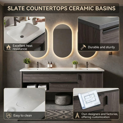 60"-96"Modern Wall-Mounted Bathroom Vanity with Open Shelf & White Countertop