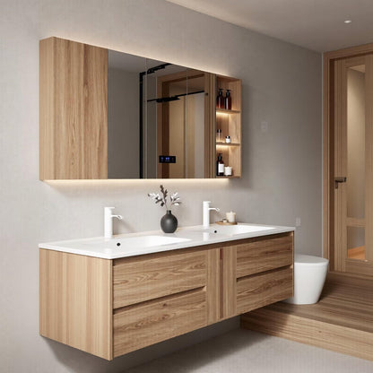 60”-96” Light Wood Floating Bathroom Vanity with Double Sinks & LED Lighted Mirror Cabinet