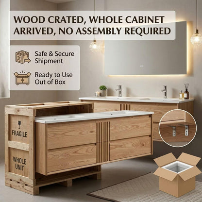 60"-96"Modern Oak Floating Bathroom Vanity with Double Sinks & LED Backlit Mirror