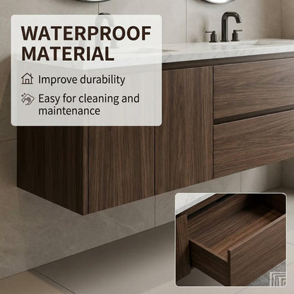 60"-96" Modern Wall-Mounted Bathroom Vanity with Marble Top & LED Lighted Mirrors