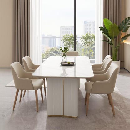 60"-80"Modern Rectangular White Sintered Stone Dining Table with Fluted Base, Seats 6