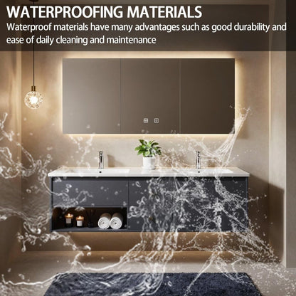 60"-84"Floating Dark Gray Bathroom Vanity with Open Shelf & Backlit LED Mirror Cabinet