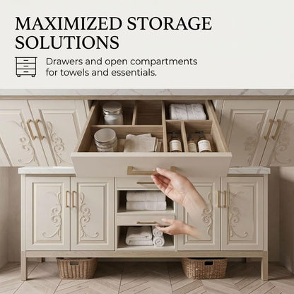 60"-96"Traditional Bathroom Vanity with Marble Top, Carved Doors & Storage