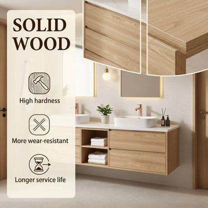 60"-96"Modern Wall-Mounted Bathroom Vanity with Open Shelves & Rose Gold Hardware