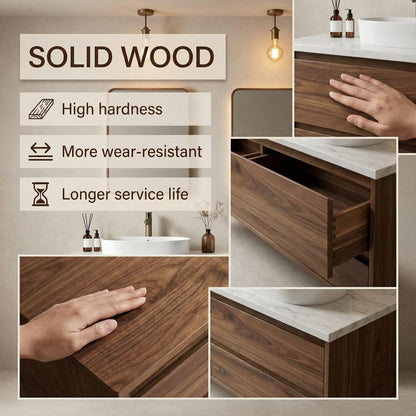 60"-96"Dark Walnut Floating Bathroom Vanity with Fluted Doors & LED Mirrors