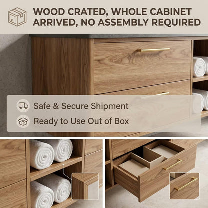 60”-96” Light Oak Floating Bathroom Vanity with Double Sinks & LED Oval Mirrors