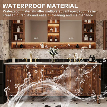 60”-96” Double Sink Freestanding Bathroom Vanity with LED Mirror Cabinet, Solid Wood Vanity with Storage Drawers & Doors