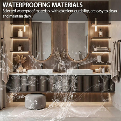 60”-84”Double Sink Floating Bathroom Vanity with LED Oval Mirrors, Dark Fluted Wood Cabinet