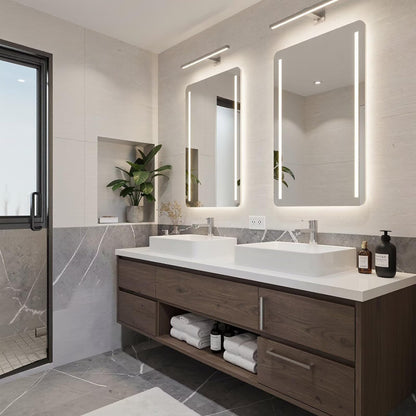 60”-96” Modern Dark Wood Vanity with Double Basins, Storage Drawers & LED Wall Mirrors