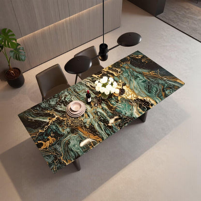 56"-96"Luxury Green Gold Marble Dining Table, Modern Rectangular Kitchen Table with Black Metal Base