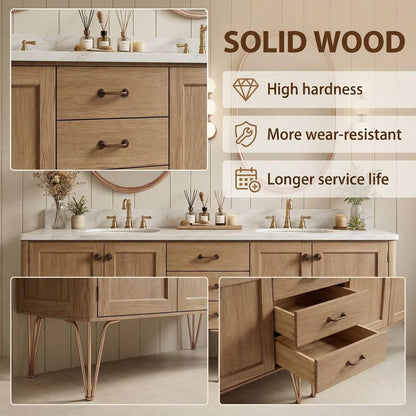 60"-96"Light Oak Double Sink Bathroom Vanity with Marble Top & Rose Gold Legs