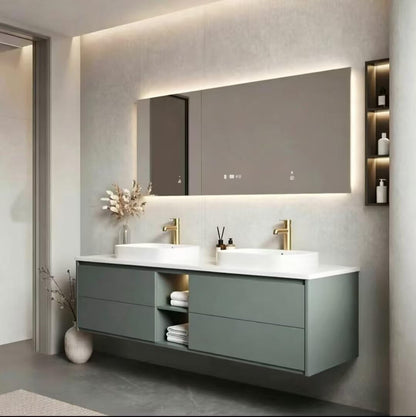 60”-96” Modern Greenish Gray Vanity with Open Shelf & Backlit LED Smart Mirror