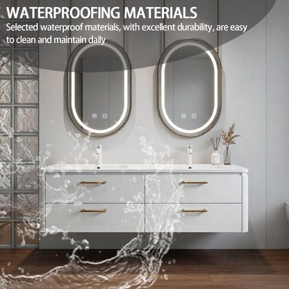 60”-84”Double Sink Floating Bathroom Vanity with LED Oval Mirrors, White Cabinet & Gold Hardware