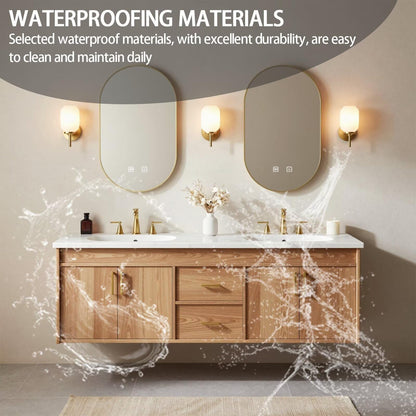 60"-84"Floating Oak Bathroom Vanity with Double Sinks & LED Oval Mirrors