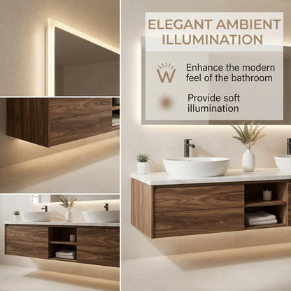 60"-84"Modern Walnut Floating Bathroom Vanity with Double Vessel Sinks & Marble Top