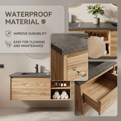 60”-84”Double Sink Floating Bathroom Vanity with LED Round Mirrors, Light Wood Cabinet & Stone Top