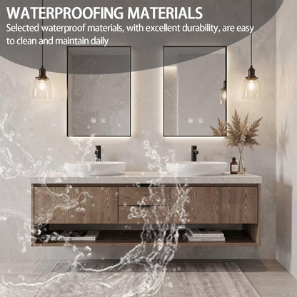 60"-84"Rustic Floating Bathroom Vanity with Double Vessel Sinks & LED Backlit Mirrors