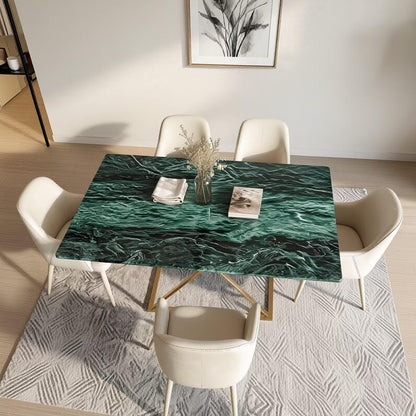 60"-80"Luxury Green Marble Dining Table, Rectangular Table with Sleek Gold Metal Legs