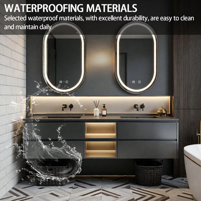 60”-84”Double Sink Floating Bathroom Vanity with LED Oval Mirrors, Dark Gray Cabinet & Gold Accents