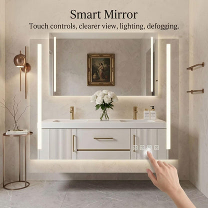 60”-96”White Floating Bathroom Vanity with Double Sinks & LED Lighted Mirror