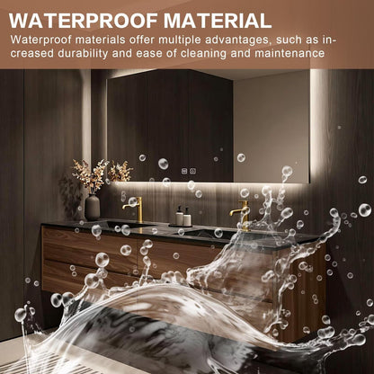 60”-84”Wall Mounted Double Sink Bathroom Vanity with LED Mirror, Wood Floating Cabinet with Black Stone Top, Natural Wood
