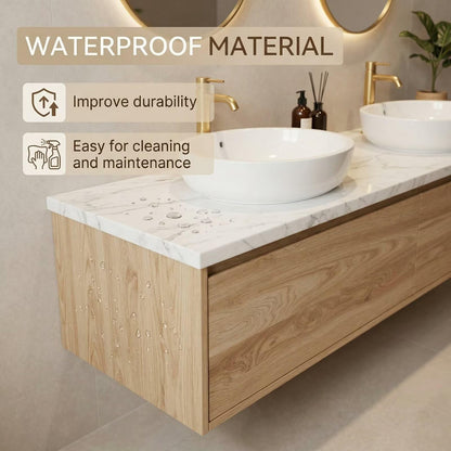 60"-84"Light Wood Wall-Mounted Vanity with White Marble Top & Soft-Close Drawers for Bathroom