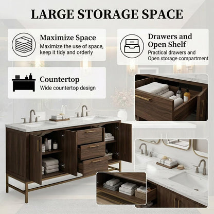 60"-96"Modern Dark Wood Bathroom Vanity with Double Sinks & Arched Mirrors