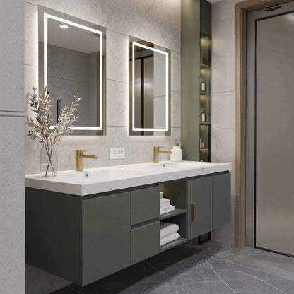 60”-96” Green Floating Bathroom Vanity with Double Sinks & LED Lighted Mirrors
