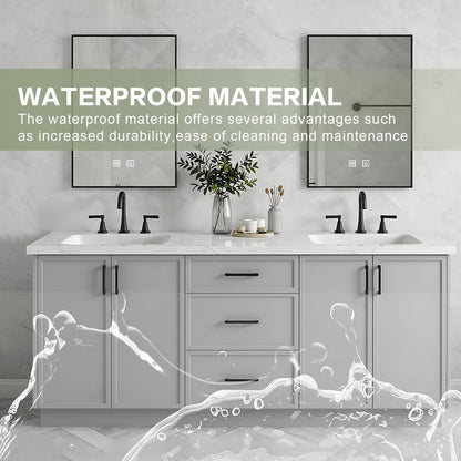 60”-96”Double Sink Freestanding Bathroom Vanity with 2 LED Mirrors, Gray Wood Vanity with Marble Top & Black Hardware