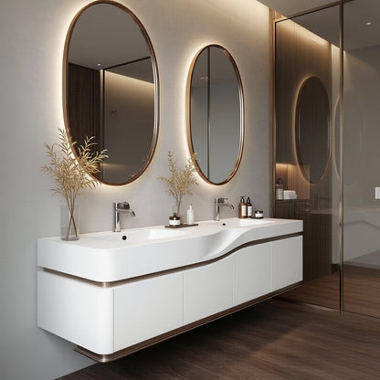60”-96”Sleek White Bathroom Vanity with Backlit LED Mirrors, Integrated Double Sinks & Gold Trim