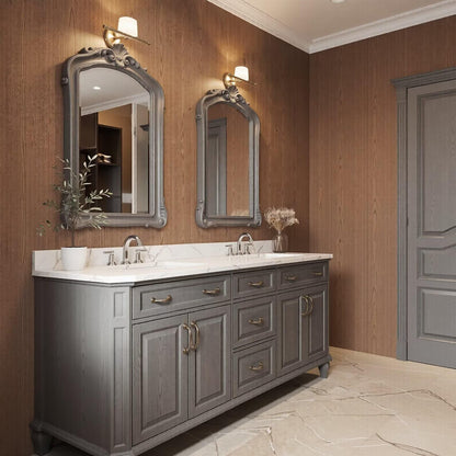 60”-112” Antique Gray Wood Double Vanity with Ornate Mirrors & Gold Hardware