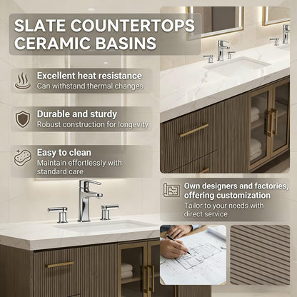 60"-96"Floating Bathroom Vanity with Double Sinks, LED Mirrors & Fluted Wood Finish