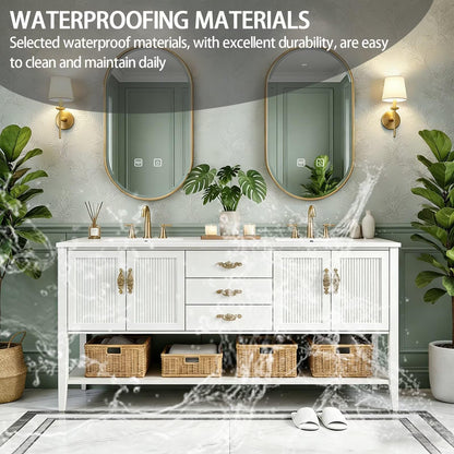 60”-84”Double Sink Freestanding Vanity with Gold Oval Mirrors, White Cabinet & Marble Top