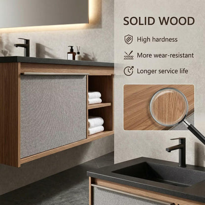 60"-96"Wall-Mounted Bathroom Vanity with Black Countertop & Open Towel Shelf
