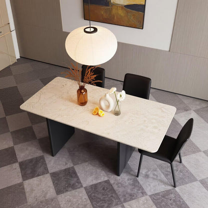 60"-80"Modern Rectangular Dining Table, Light Travertine Top with Matte Black Legs
