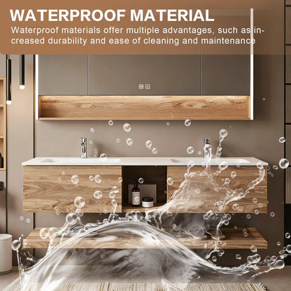 60”-84”Double Sink Floating Bathroom Vanity, Oak Cabinet with LED Mirror Cabinet & Open Shelf